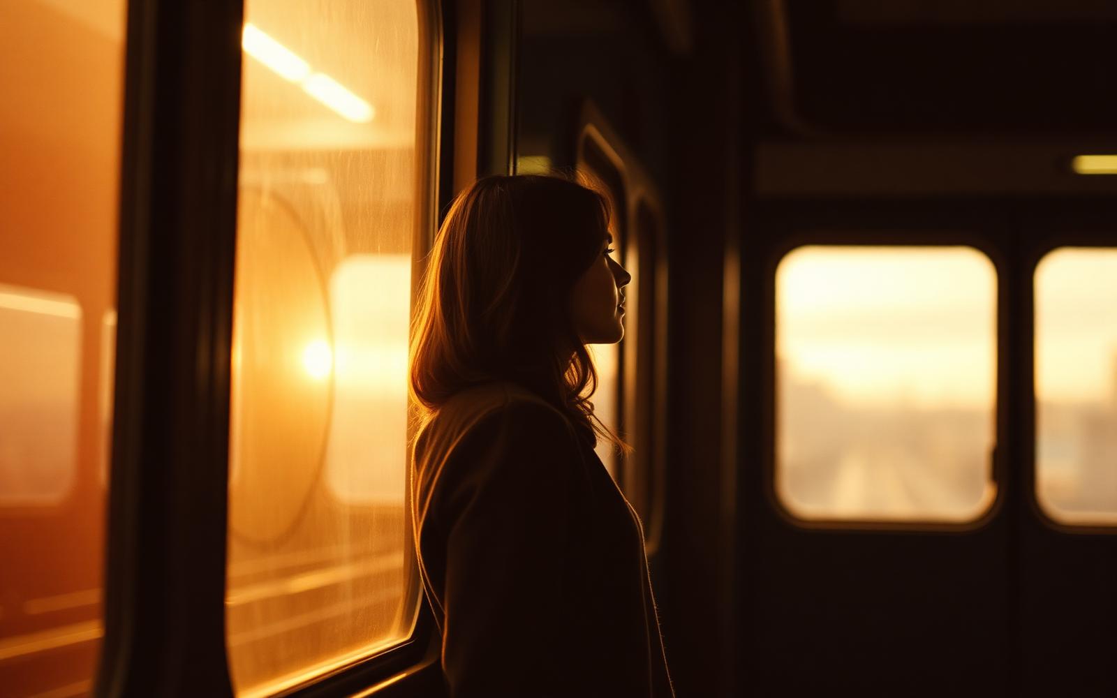 A woman waiting on a train platform at dusk
