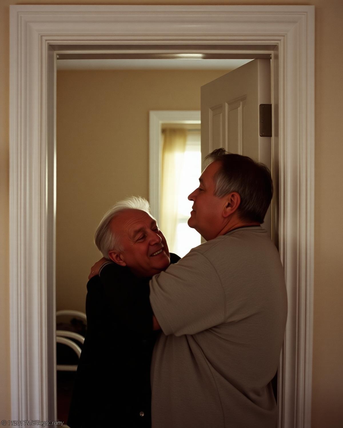 An elderly man and his son mid-conversation